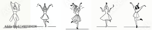 vector line art of a woman stand waving her hand wearing a party hat