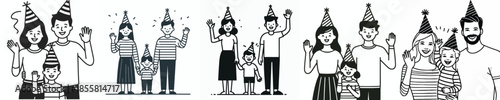 vector line art of a family waving their hand wearing a party hat