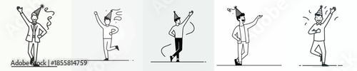 vector line art of a man stand waving his hand wearing a party hat