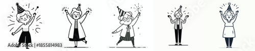 vector line art of a grandmother stand waving her hand wearing a party hat