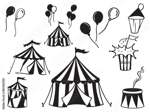 Black and white circus tent illustrations set with balloons