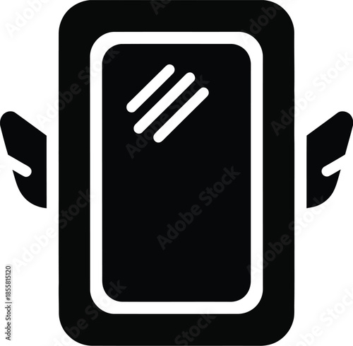 Black icon representing a smartphone or magic mirror with wings, suggesting speed or supernatural power