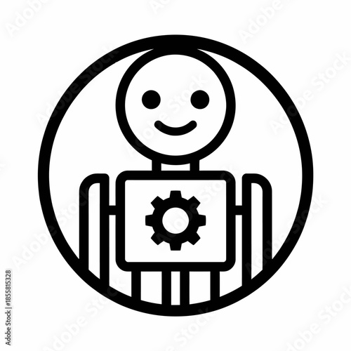 A minimalist black and white line art icon depicting a smiling robot or avatar figure with a gear symbol on its chest, enclosed in a circle.