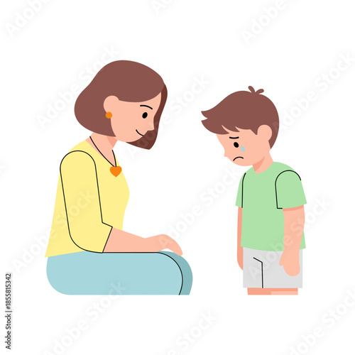 Mother comforting sad young boy about bullying and social exclusion