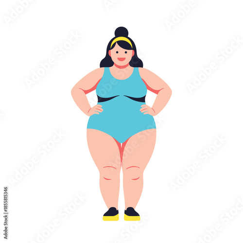 Plus-size woman posing confidently in blue swimsuit and sneakers
