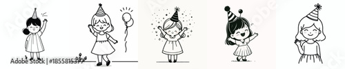 vector line art of a little girl waving her hand wearing a party hat