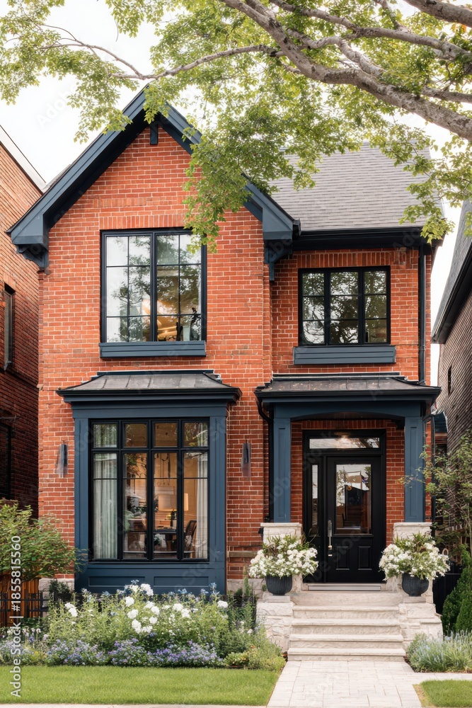 Fototapeta premium This contemporary brick home features striking dark trim and expansive windows, nestled within a serene, tree-lined residential area, basking in the bright daylight