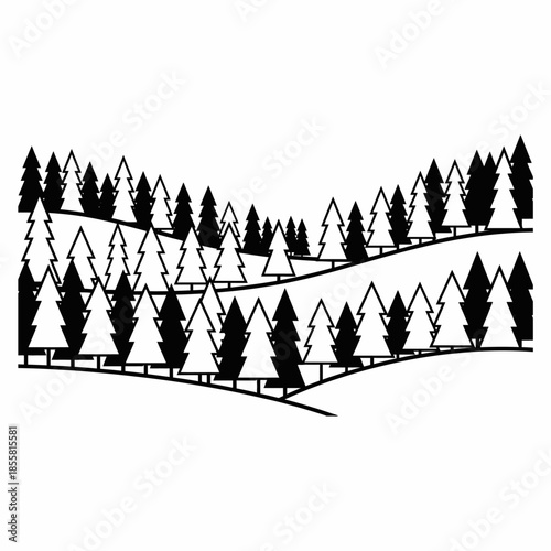 A stylized black and white silhouette illustration of a dense forest with numerous evergreen trees on rolling hills, creating a layered landscape design.
