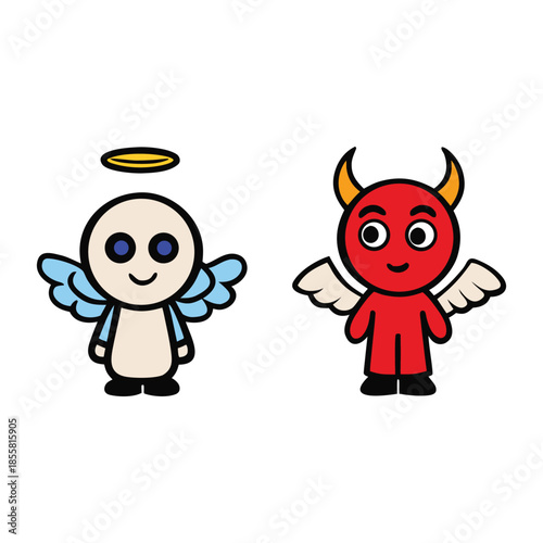 Playful contrast of angel halo and devil horns fused in one design, symbolizing inner balance, temptation, and virtue in a bold, whimsical illustration.
