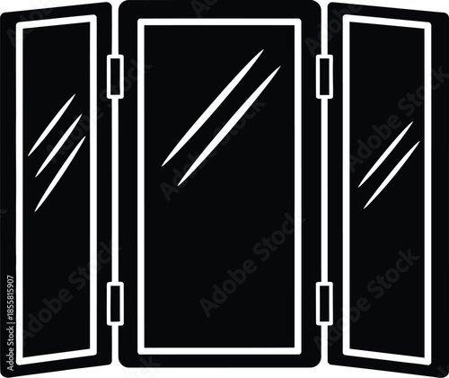 A black and white icon depicting a three-panel tri-fold dressing mirror