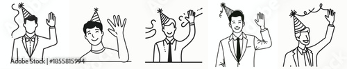 vector line art of a man waving his hand wearing a party hat