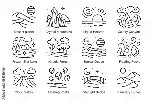 Cosmic lake horizon cloud forest canyon dunes icon landscape starlight icons vector