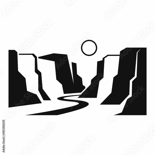 Stylized black and white illustration of a winding river flowing through a deep canyon under a circular sun or moon.