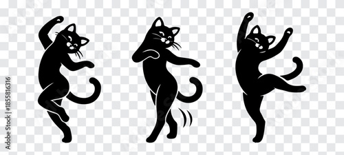 Ultra-minimal black cat silhouettes dancing with fluid, expressive poses smooth continuous contours, balanced proportions, and bold high-contrast shapes creating a playful yet modern look .