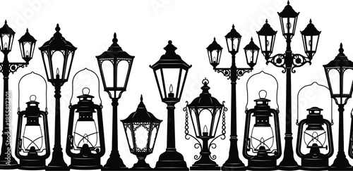 Variety of vintage streetlamps silhouette