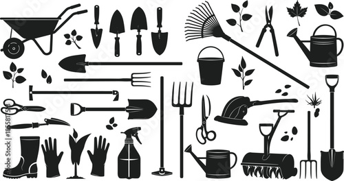 Black garden tool icon set, gardening equipment silhouettes, shovel rake wheelbarrow watering can pruning tools vector collection for web print