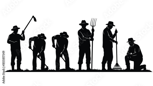 Black farmer silhouettes working in field, agriculture labor scene with tools, rural workers illustration isolated on white background vector design