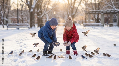 Children feeding birds in winter park, enjoying nature and winter activities. This image captures the joy of outdoor play and interaction with wildlife, suitable for themes like childhood,