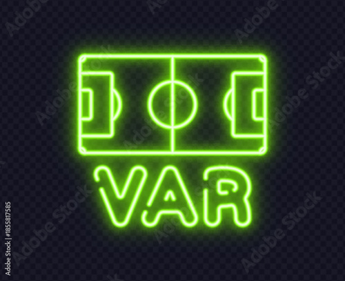 Bright green neon football field icon with VAR text, designed for sports bar interiors and fan zones. Modern glowing style adds energy to match night events and live match