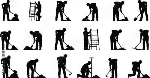 Construction worker silhouette set, labor man digging shoveling raking ladder work poses black vector icons for industry design
