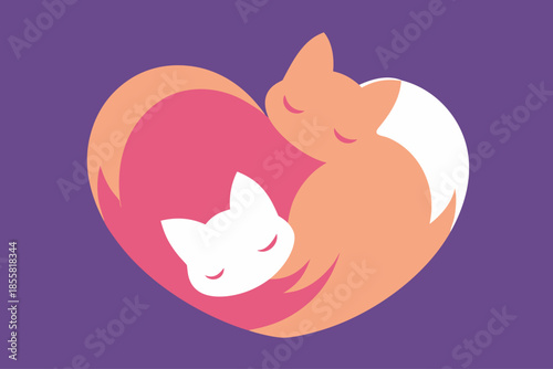 Cute sleeping cats in heart shape love and friendship symbol