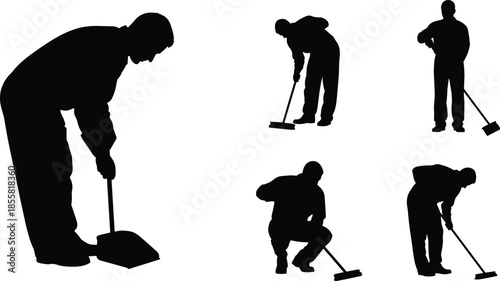 Silhouette construction workers cleaning floor with broom and dustpan, manual labor poses isolated on white background industrial workplace people collection
