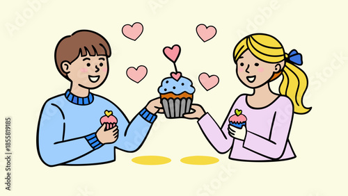 Cartoon-style vector illustration of a boy and girl with hearts, designed for Valentine’s Day themed graphics and festive designs.