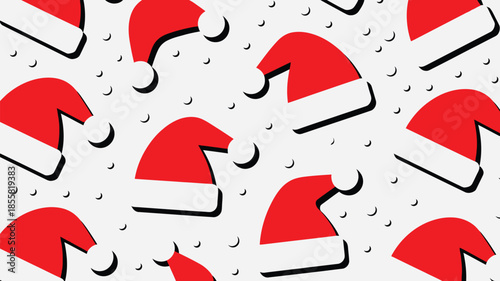 Festive Santa hats on white background with snowflakes