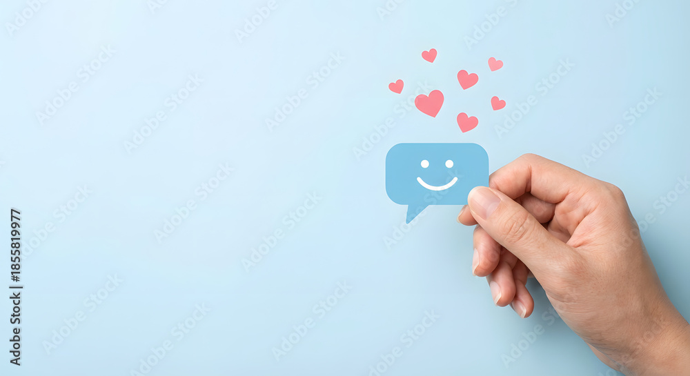 Obraz premium hand holding smiling speech bubble with hearts