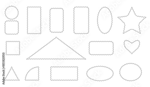 A set of linear postage stamps. Blank geometric shapes with perforated edges. Vector collection of frames of various shapes.