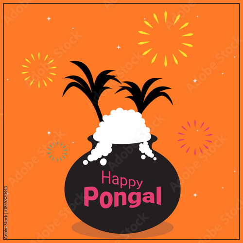 Happy Pongal banner. Poster with silhouettes of a rice pot and sugarcane. Vector.