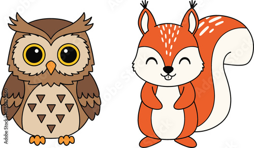 Adorable cartoon forest animal vector set featuring a wise brown owl and a happy red squirrel with big bushy tail isolated on white background.