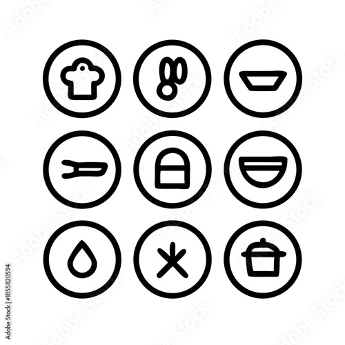 Collection of nine simple cooking and kitchen icons in a grid