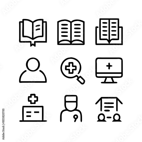 Collection of medical icons with books, doctor, hospital, and computer