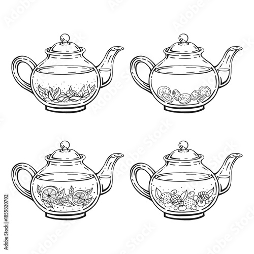 Set with teapot. Medicinal tea. Hand drawn vector illustration.