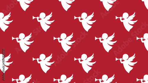 Angel silhouettes on red background blowing trumpets in festive pattern