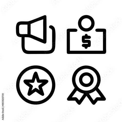 Set of four icons representing promotion, payment, rating, and award