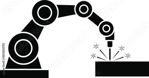 Industrial robotic arm silhouette performing precision laser cutting or welding on a factory production line for automation technology and manufacturing industry concepts.