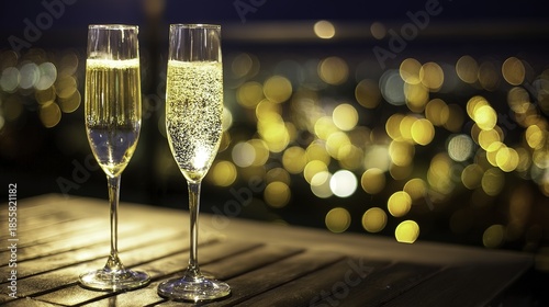 Two champagne flutes filled with sparkling wine on a wooden table at night, with city lights in the background