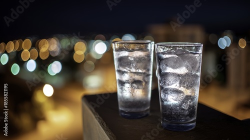 Two glasses of ice water on a ledge with city lights in the background at night