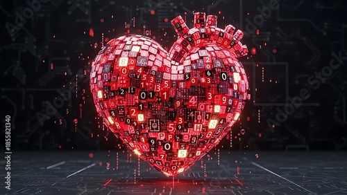 Glowing red heart sculpture at night