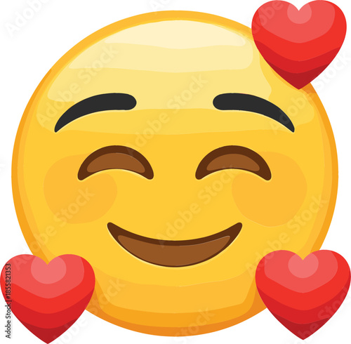  Yellow smiling emoji face with rosy cheeks and three red hearts representing love affection happiness and romance isolated on white background for social media.