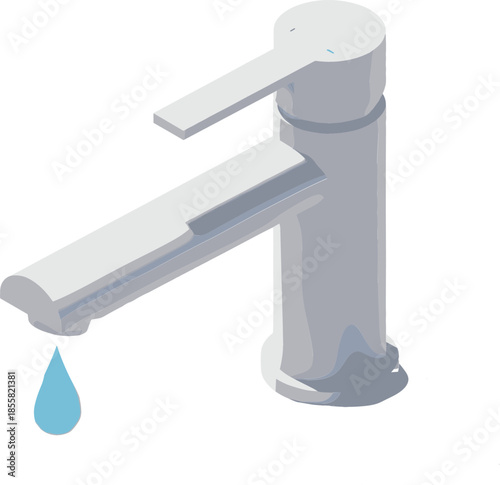 Modern chrome bathroom or kitchen water faucet vector illustration with a single blue water drop representing plumbing service home maintenance and conservation isolated on white.