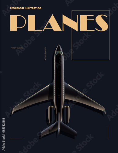 Black passenger plane in realistic style. 3D design of civil aircraft. Top view of private jet. Commercial aviation banner. Airline blank concept