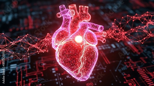 Glowing neon heart with circuit board background