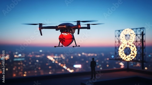 A drone flying over a cityscape at dusk with a person watching