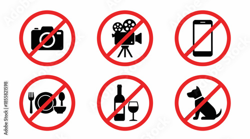 Vector Icons Set of six red prohibition signs for camera video camera mobile phone food alcohol and pets. Vector Illustration. EPS Editable