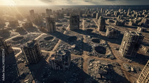 Aerial footage of a desolate, destroyed city landscape after a catastrophic event