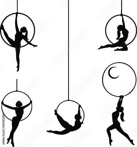 Silhouettes of Aerial Hoop Performers, Lyra Aerialist Pose Collection, Set of Minimalist Aerial Hoop Silhouettes, silhouette, illustration, vector