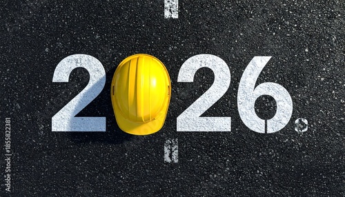 Modern construction site marking 2026 with yellow hard hat on asphalt road
